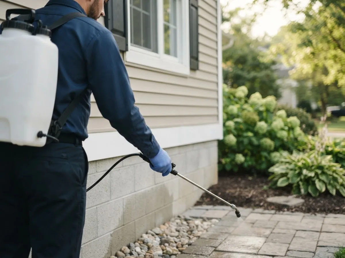 Pest control technician inspecting a home in Oglesby, TX